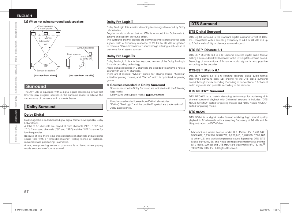 Surround, Dolby surround, Dts surround | Denon AVR-788 User Manual | Page 60 / 74