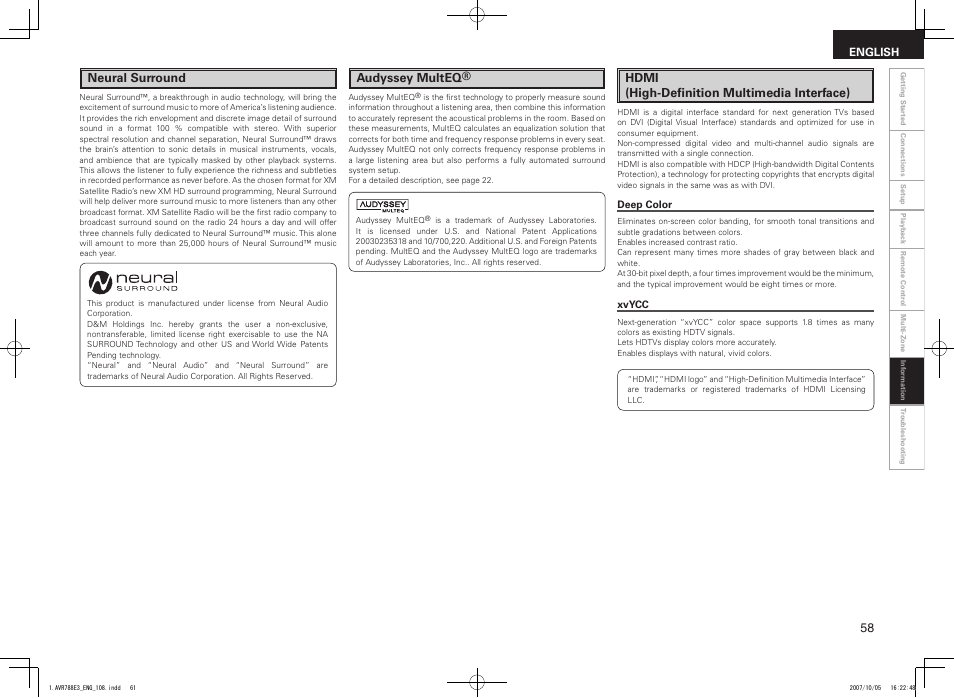 Neural surround, Hdmi (high-definition multimedia interface), Audyssey multeq | Denon AVR-788 User Manual | Page 61 / 74