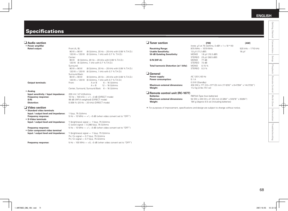 Specifications, English | Denon AVR-788 User Manual | Page 71 / 74