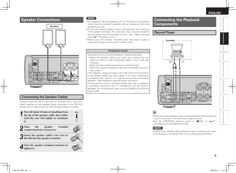 Speaker connections, Connecting the playback components | Denon RCD-CX1 User Manual | Page 11 / 28