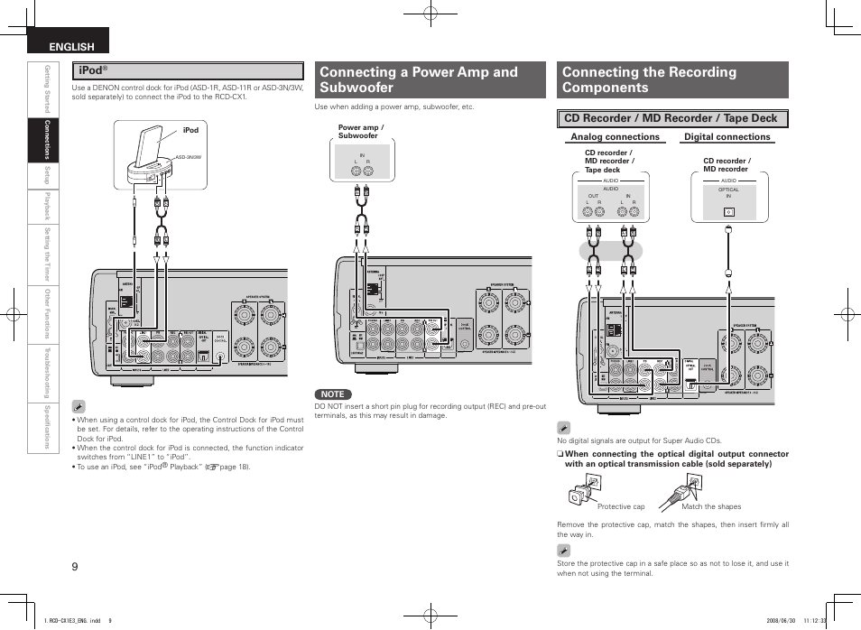 Connecting a power amp and subwoofer, Connecting the recording components, Ipod | Cd recorder / md recorder / tape deck, English | Denon RCD-CX1 User Manual | Page 12 / 28