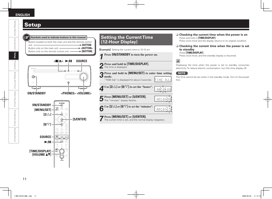 Setup, Setting the current time (12-hour display) | Denon RCD-CX1 User Manual | Page 14 / 28