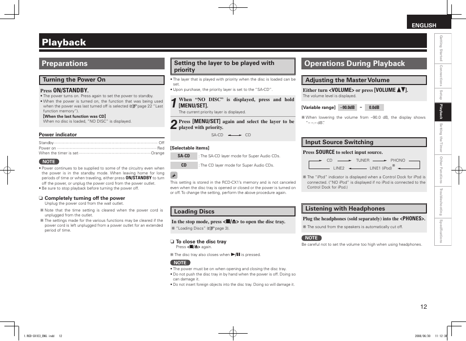 Playback, Preparations, Operations during playback | Denon RCD-CX1 User Manual | Page 15 / 28