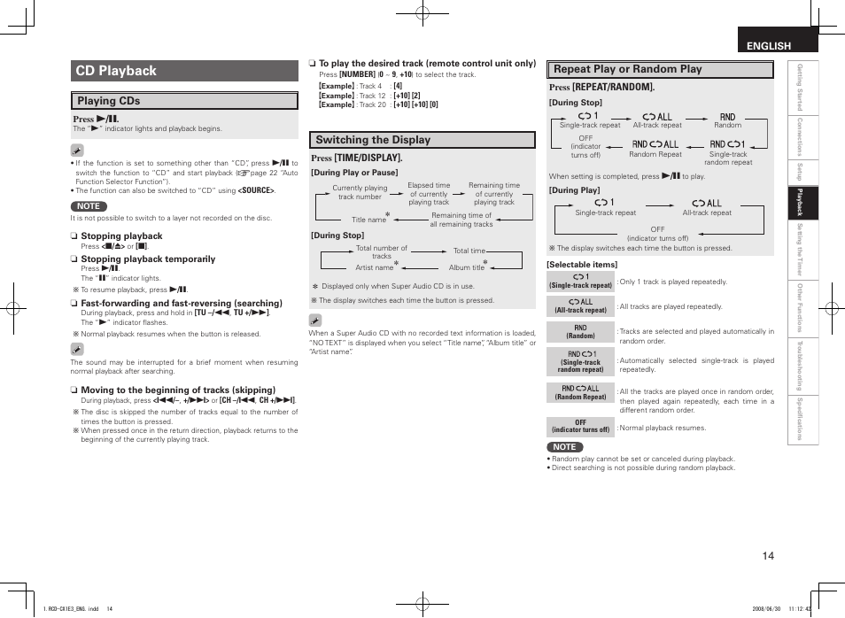 Cd playback, Switching the display, Playing cds | Repeat play or random play | Denon RCD-CX1 User Manual | Page 17 / 28