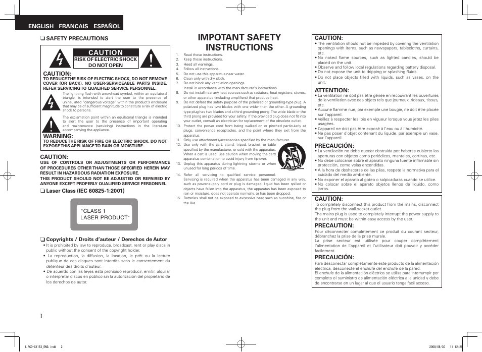 Impotant safety instructions, Caution | Denon RCD-CX1 User Manual | Page 2 / 28