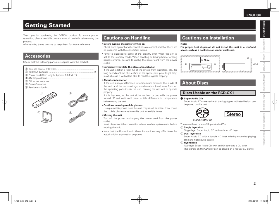 Getting started, Accessories | Denon RCD-CX1 User Manual | Page 5 / 28