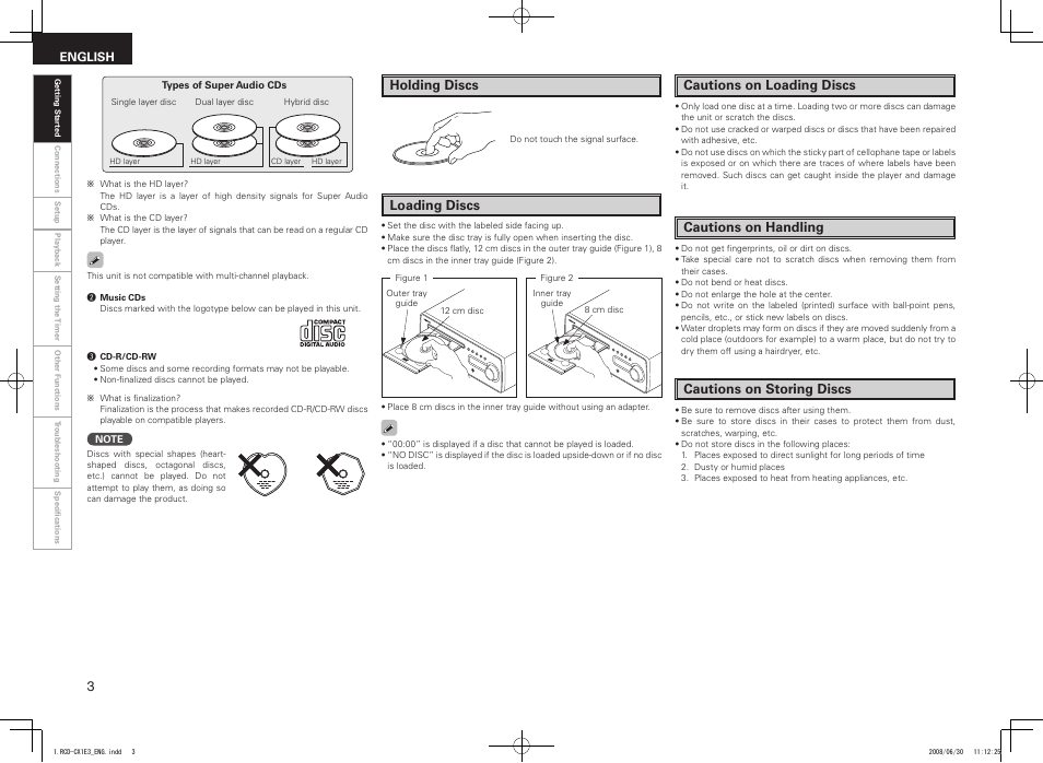 Holding discs, Loading discs, Cautions on loading discs | Cautions on handling, Cautions on storing discs | Denon RCD-CX1 User Manual | Page 6 / 28