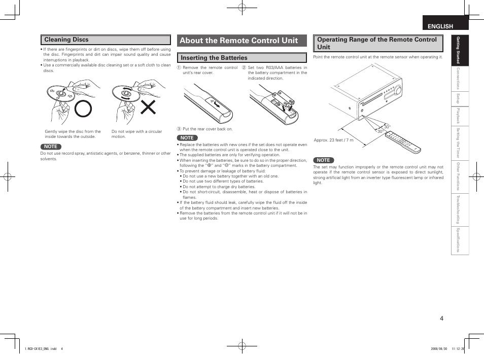 About the remote control unit, Cleaning discs, Inserting the batteries | Operating range of the remote control unit | Denon RCD-CX1 User Manual | Page 7 / 28