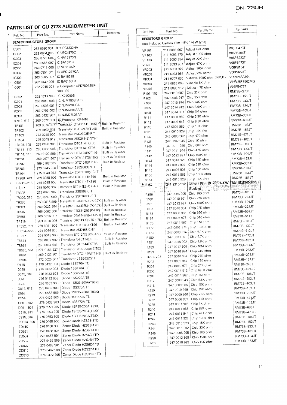 N-730r, Parts list of gu-2778 audio/meter unit | Denon DN-730R User Manual | Page 11 / 25