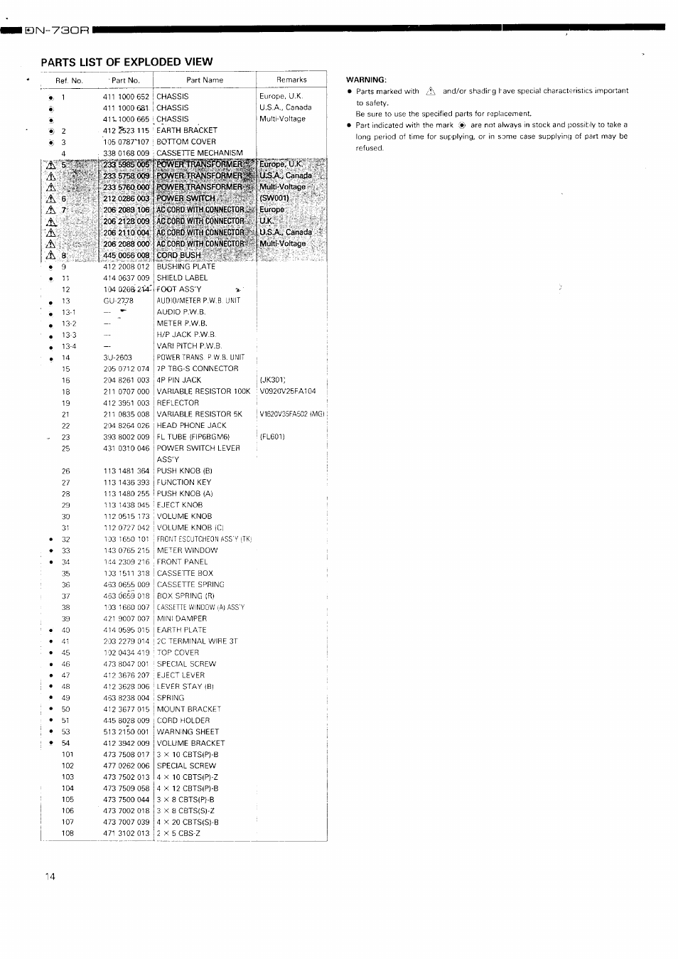 L[dn--y30ri, Parts list of exploded view | Denon DN-730R User Manual | Page 14 / 25