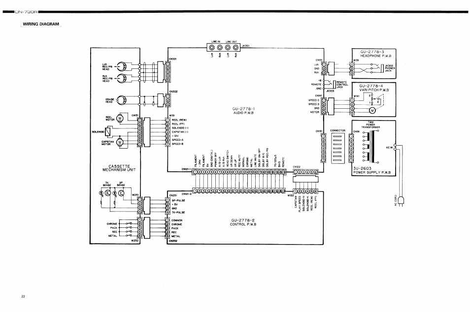 Wiring diagram, Gu-2778-3 headphone p.w.b, Gu-2778-1 audio p.w.b | Control p.w.b, Power supply p.w.b, W122 | Denon DN-730R User Manual | Page 22 / 25