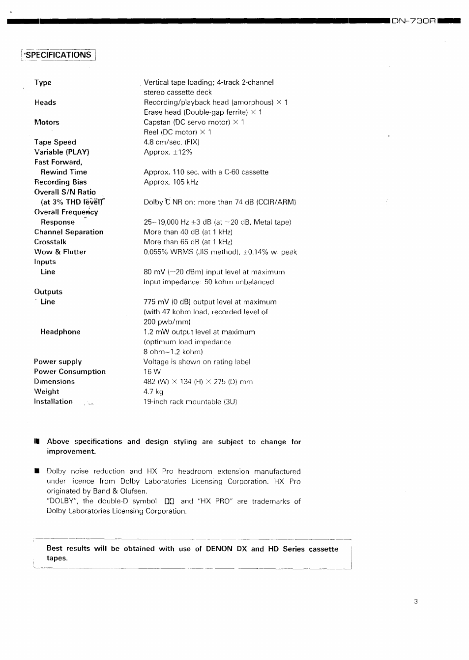 Icdn-ysori, I'specificaticmsis, Specifications | Denon DN-730R User Manual | Page 3 / 25