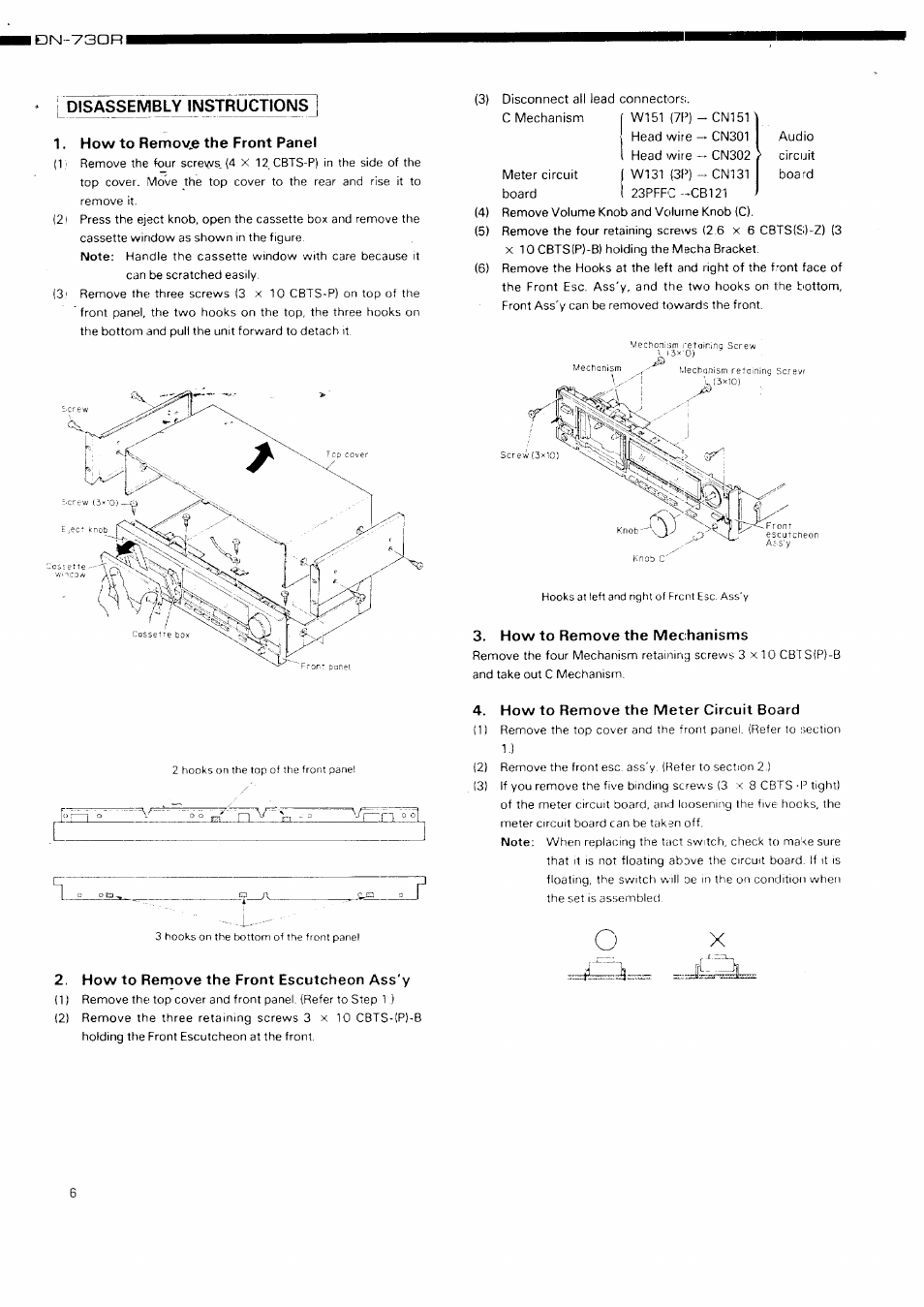 J disassembly instructions j, How to remove the front panel, How to remove the mec hanisms | How to remove the meter circuit board, How to remove the front escutcheon ass'y, Disassembly instructions ~7 | Denon DN-730R User Manual | Page 6 / 25