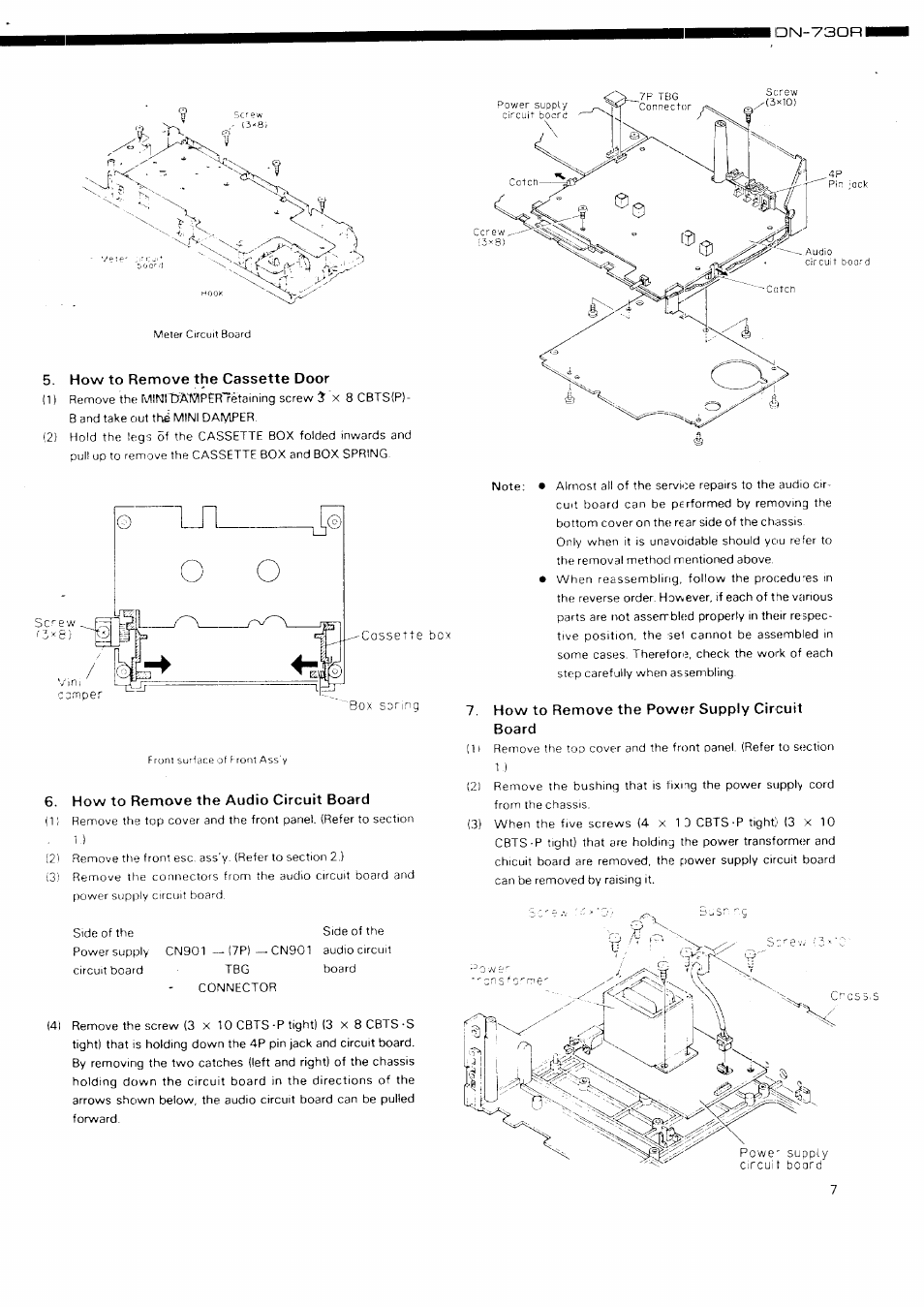 How to remove the cassette door, How to remove the audio circuit board, How to remove the power supply circuit board | Denon DN-730R User Manual | Page 7 / 25