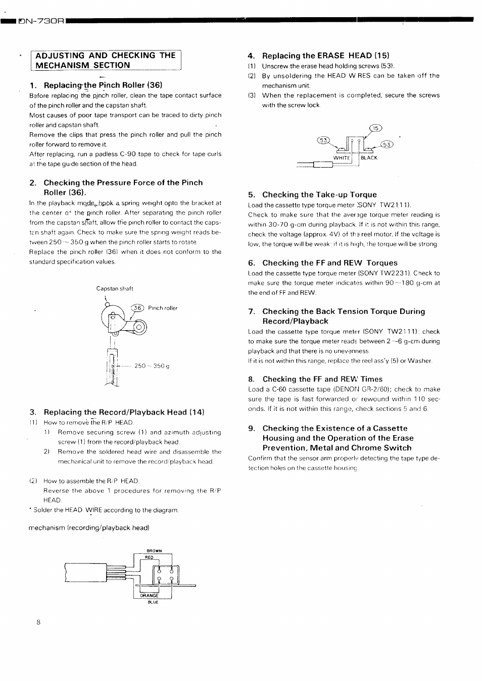 Ie)n-730ni, Replacing-the pinch roller (36), Replacing the record/playback head (14) | Replacing the erase head (15), Checking the take-up torque, Checking the ff and rew torques, Checking the ff and rew times | Denon DN-730R User Manual | Page 8 / 25