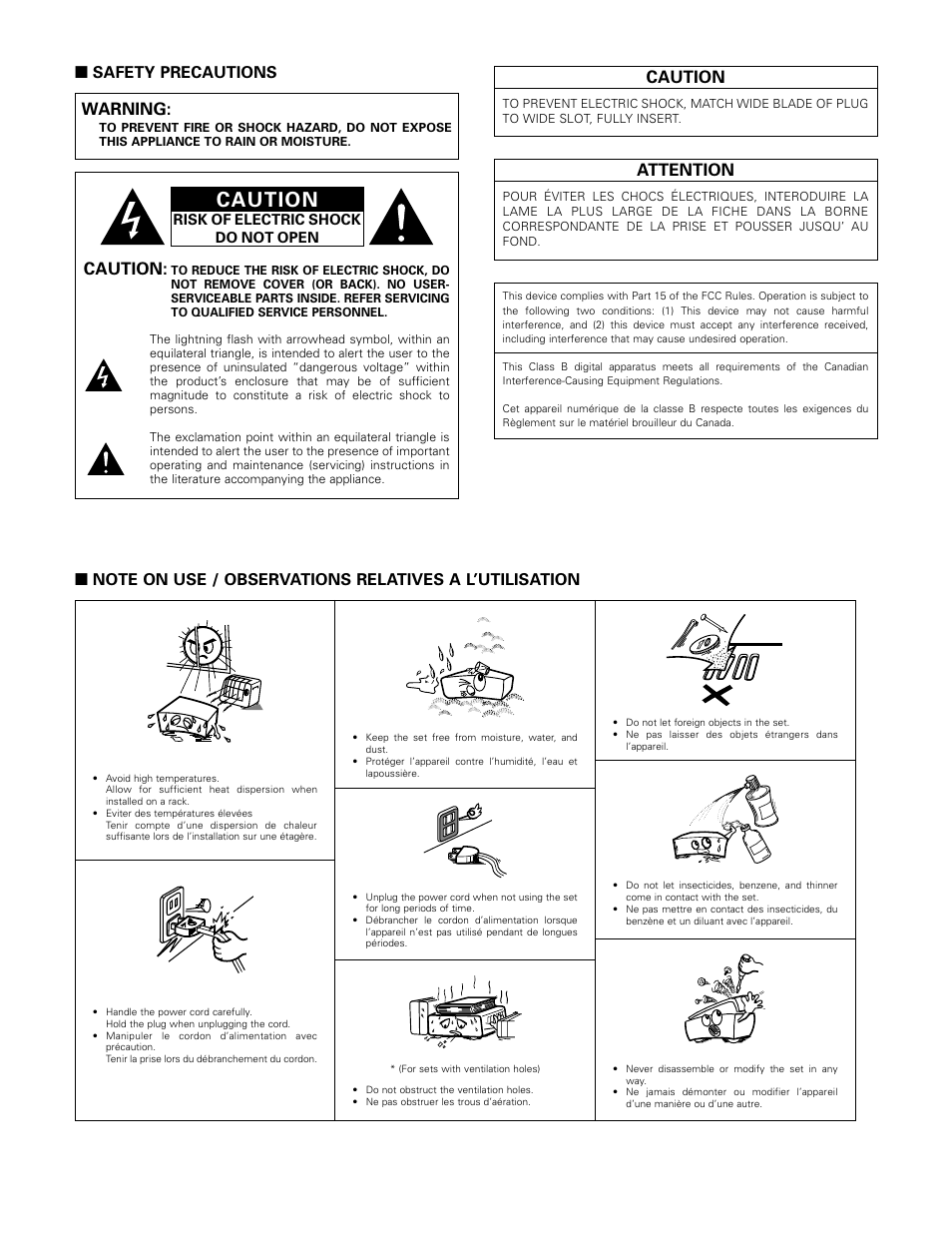 Safety precautions, Note on use, Caution | Attention, Warning | Denon AVR-983 User Manual | Page 2 / 76