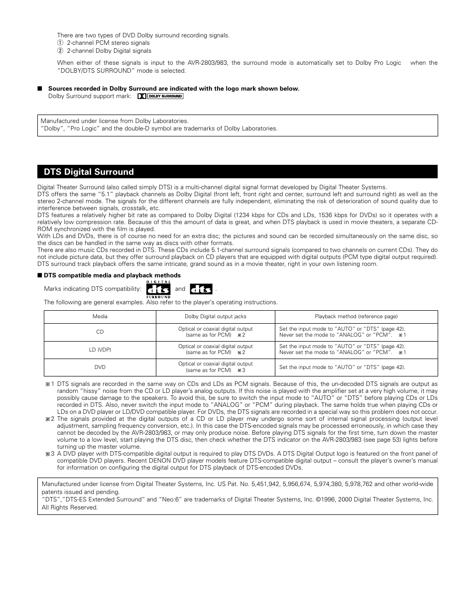 Dts digital surround | Denon AVR-983 User Manual | Page 69 / 76