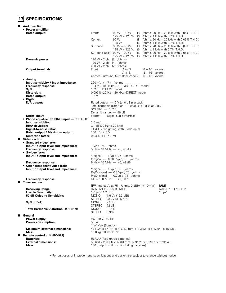 Specifications, 17 specifications | Denon AVR-983 User Manual | Page 75 / 76