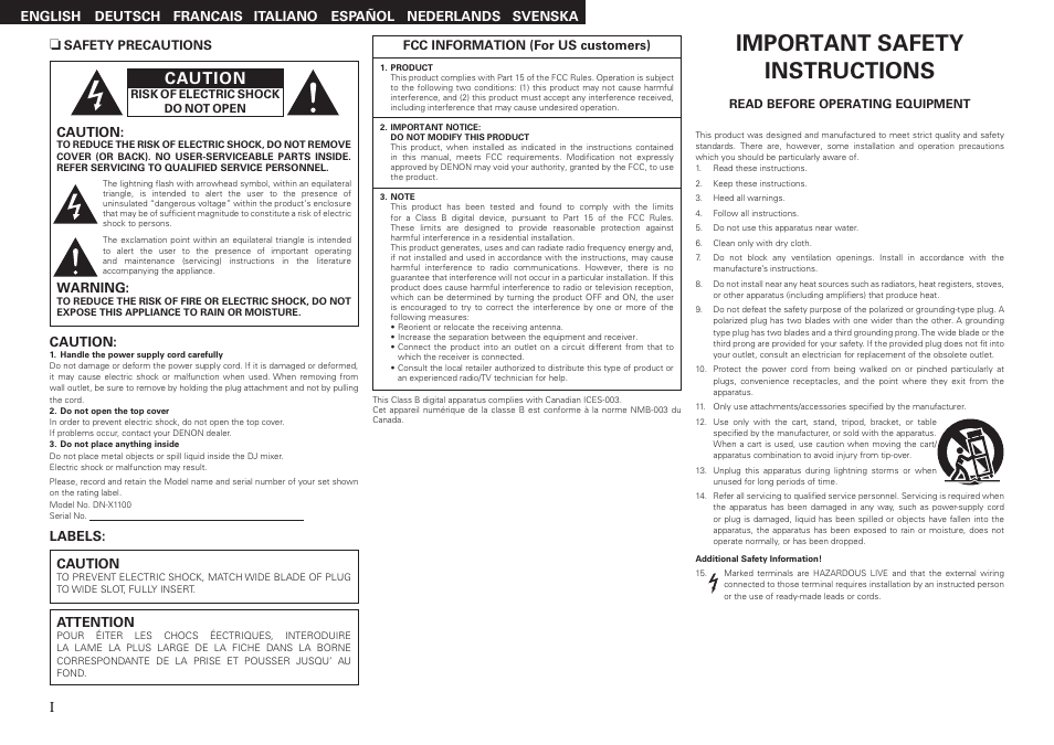 Important safety instructions, Caution, Warning | Attention, Labels | Denon DN-X1100 User Manual | Page 2 / 14