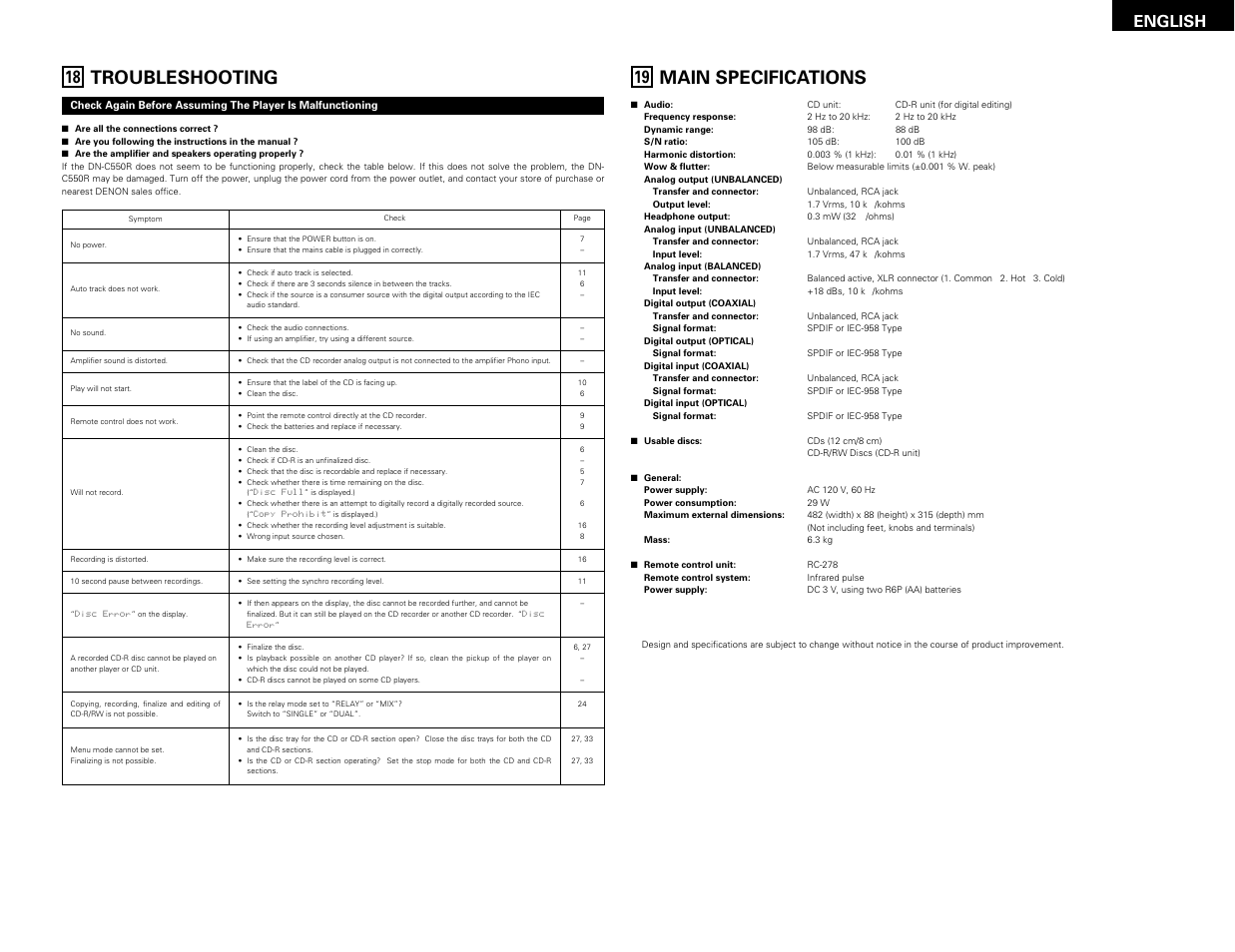 Troubleshooting, Main specifications, English | Denon DN-C550R User Manual | Page 35 / 35