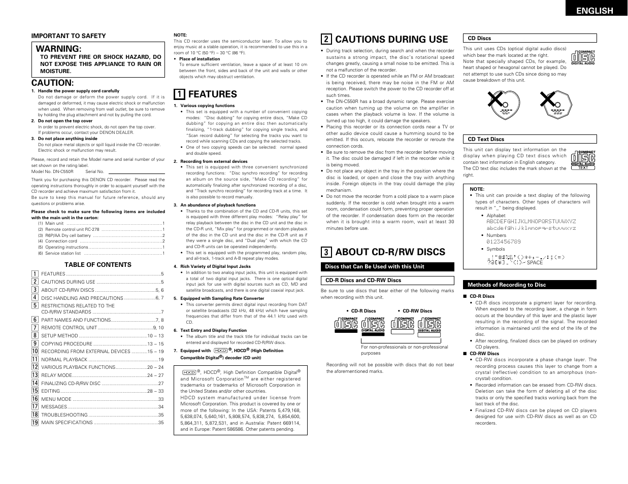 About cd-r/rw discs, Features, Cautions during use | Warning, Caution, English | Denon DN-C550R User Manual | Page 5 / 35