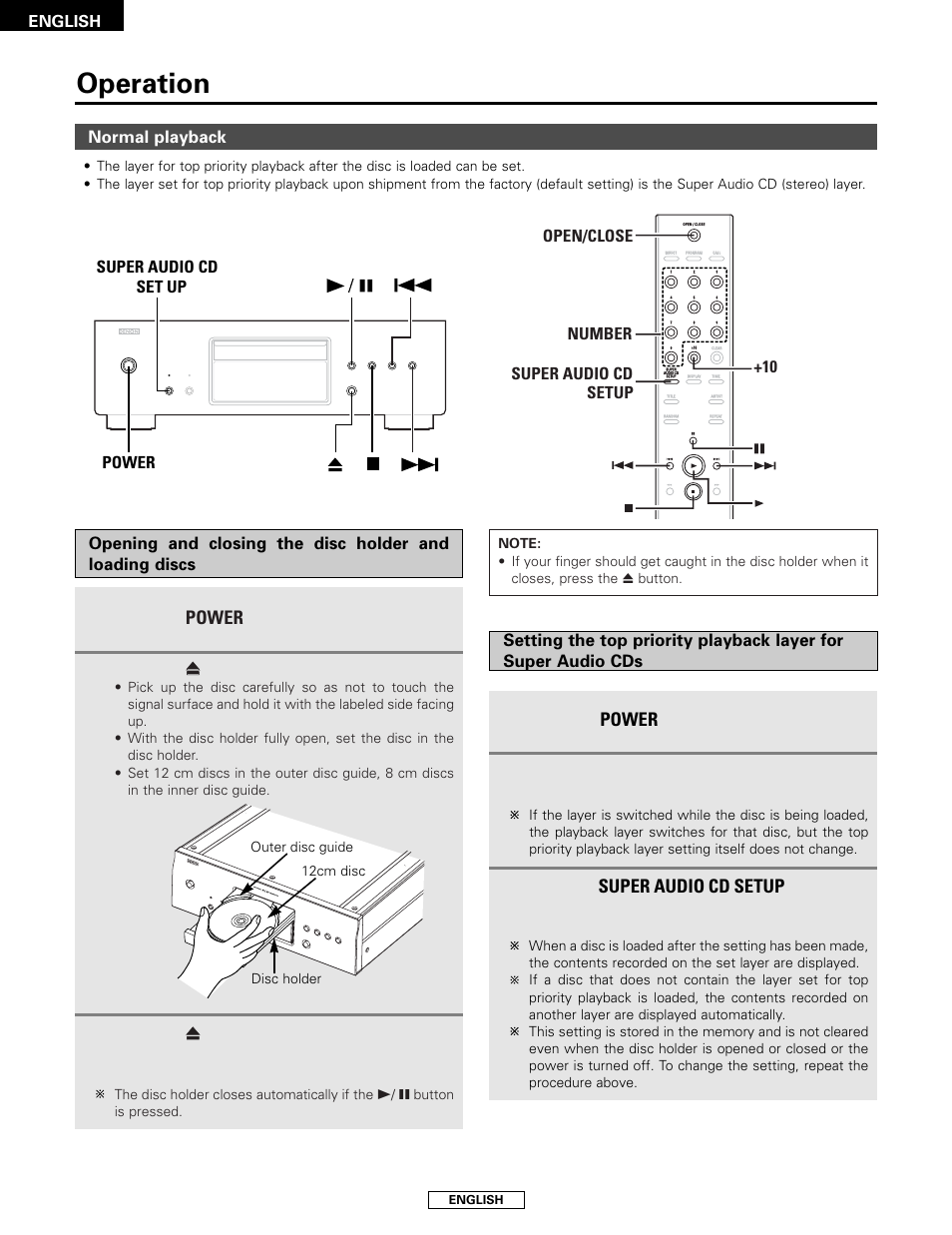 Operation, Power, Super audio cd setup | Press the, Switch to turn on the power, Button, Button. the disc is automatically loaded, Normal playback, Check that no disc is loaded, Button and switch to the layer you want to set | Denon DCD-2000AE User Manual | Page 12 / 90