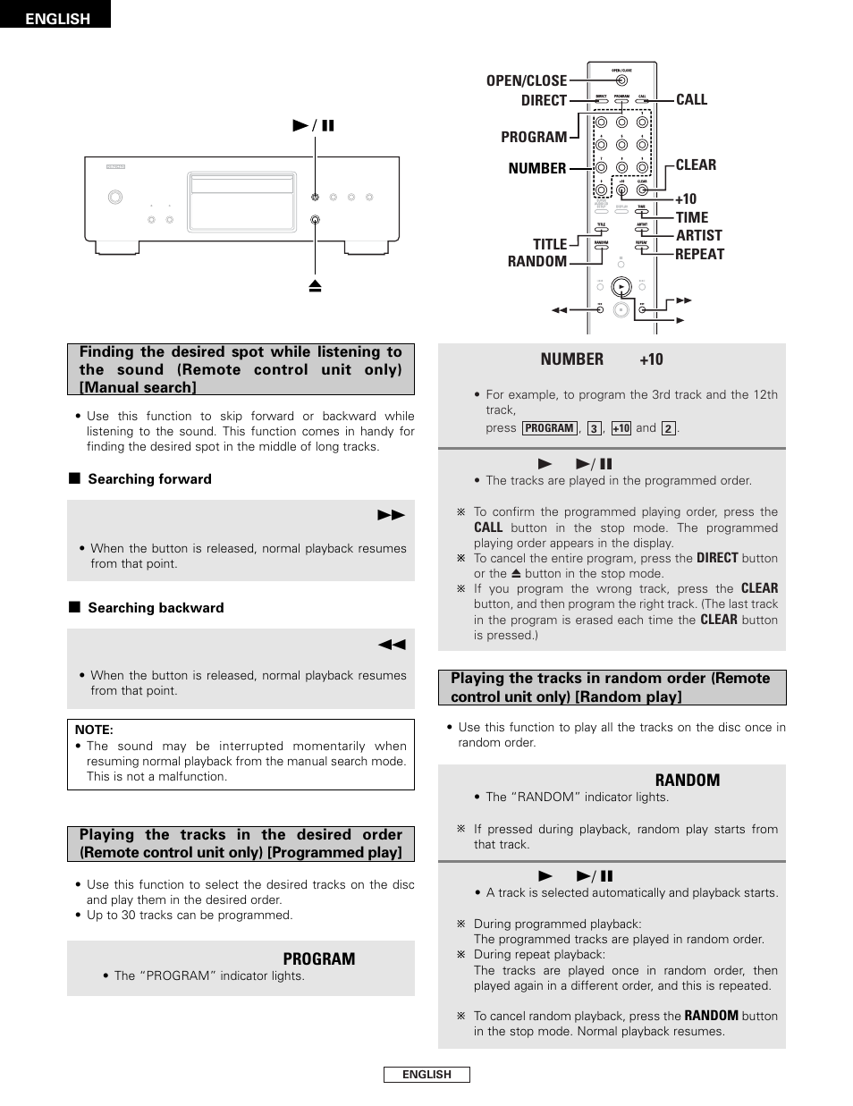 Program, Random, Number | During playback, press and hold in the, Button, Press the, Buttons to select the track to be programmed | Denon DCD-2000AE User Manual | Page 14 / 90