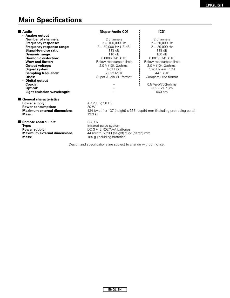 Main specifications | Denon DCD-2000AE User Manual | Page 17 / 90