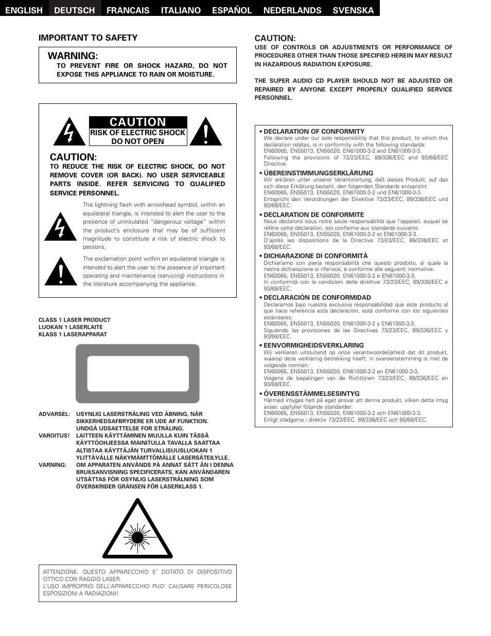 Caution, Class 1 laser product, Warning | Denon DCD-2000AE User Manual | Page 2 / 90