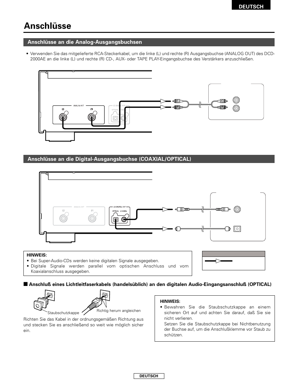 Anschlüsse, Anschlüsse an die analog-ausgangsbuchsen | Denon DCD-2000AE User Manual | Page 23 / 90