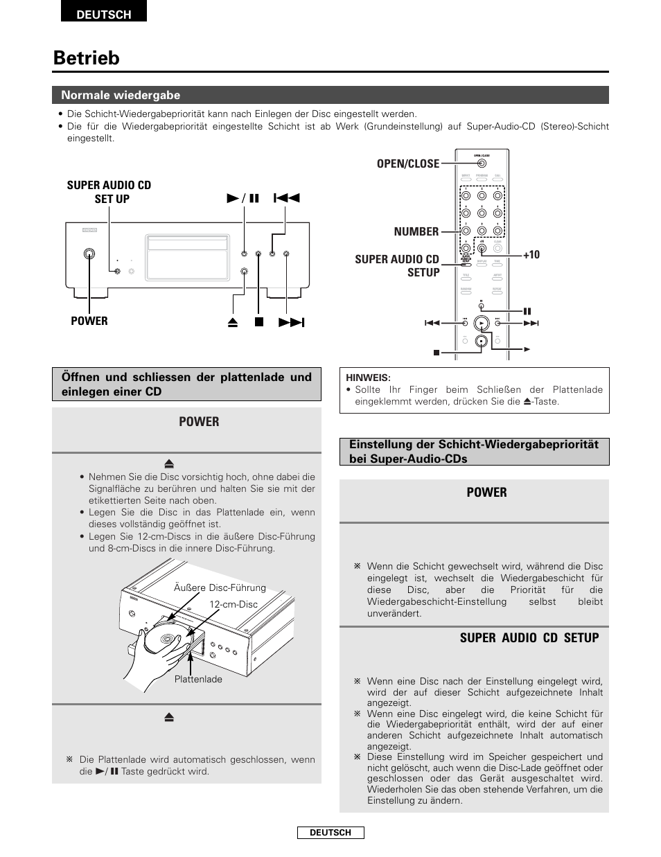 Betrieb, Power, Super audio cd setup | Drücken sie den, Schalter, um das gerät einzu-schalten, Drücken sie die, Taste, Taste. die disc wird automatisch geladen, Normale wiedergabe, Überprüfen sie, dass keine disc eingelegt ist | Denon DCD-2000AE User Manual | Page 24 / 90