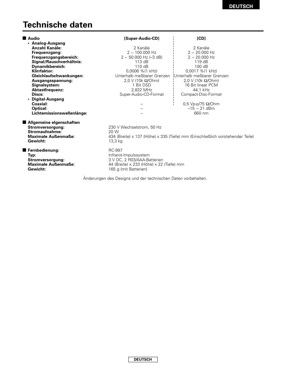 Technische daten | Denon DCD-2000AE User Manual | Page 29 / 90
