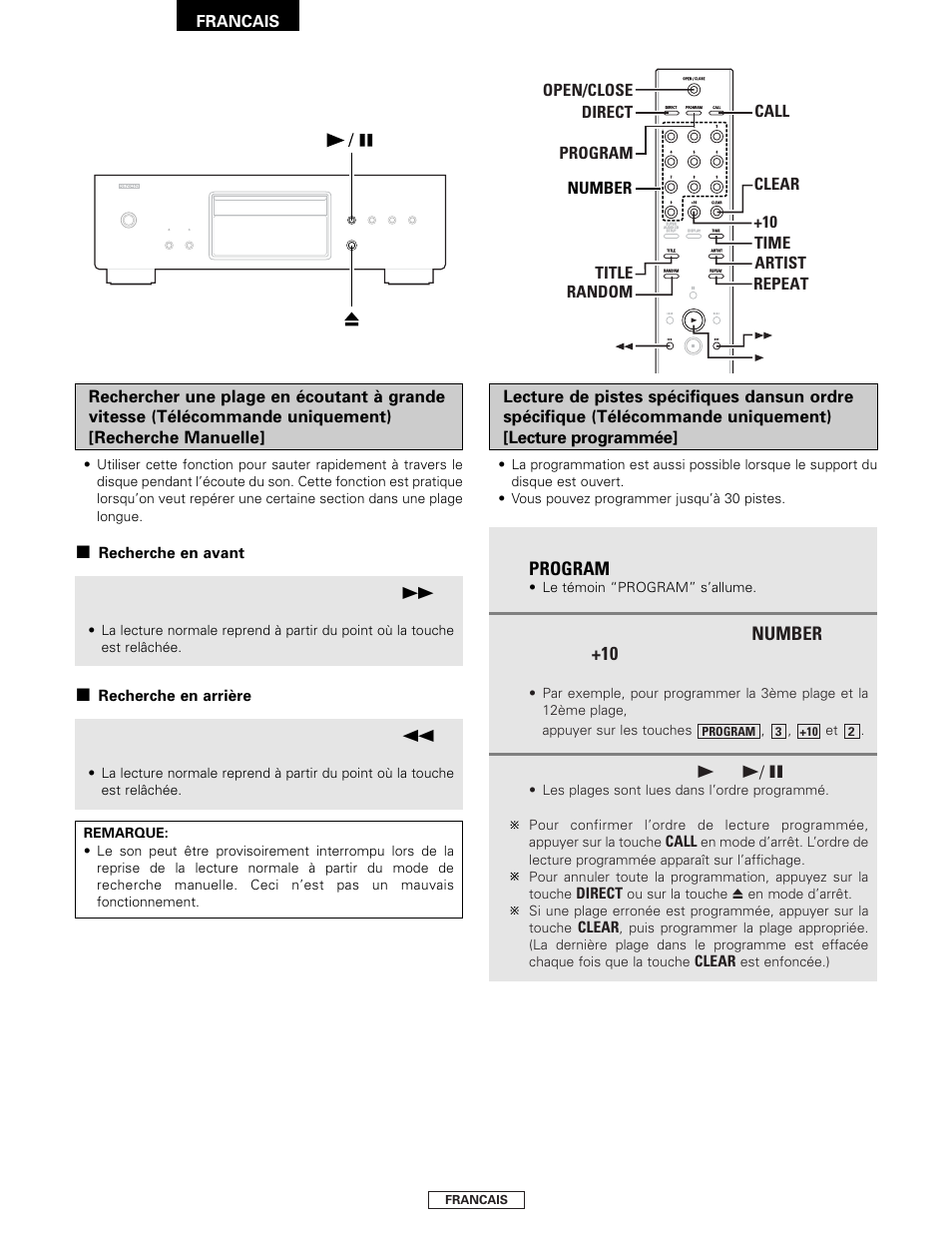 Program, Number, Pendant la lecture, appuyer sur la touche | Et la maintenir enfoncée, En mode d’arrêt, appuyer sur la touche, Appuyer sur la touches de, Et la touche, Pour sélectionner la plage à programmer, Appuyer sur la touche, Francais | Denon DCD-2000AE User Manual | Page 38 / 90