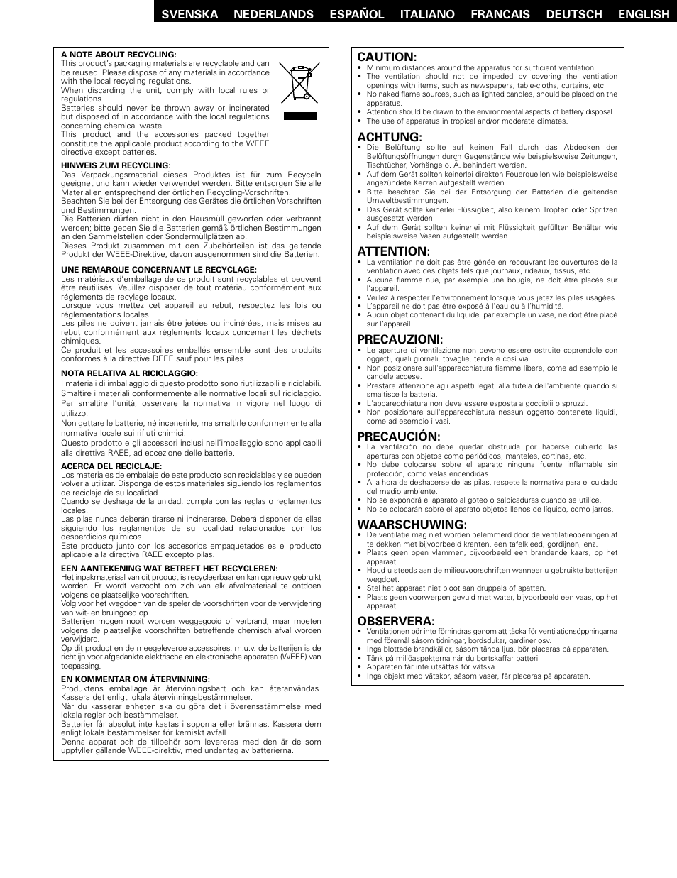 Caution, Achtung, Attention | Precauzioni, Precaución, Waarschuwing, Observera | Denon DCD-2000AE User Manual | Page 4 / 90