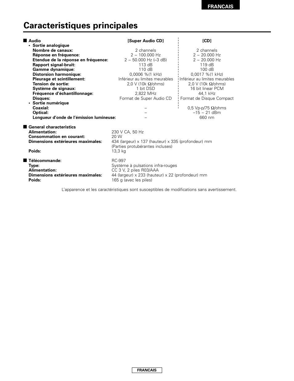 Caracteristiques principales | Denon DCD-2000AE User Manual | Page 41 / 90