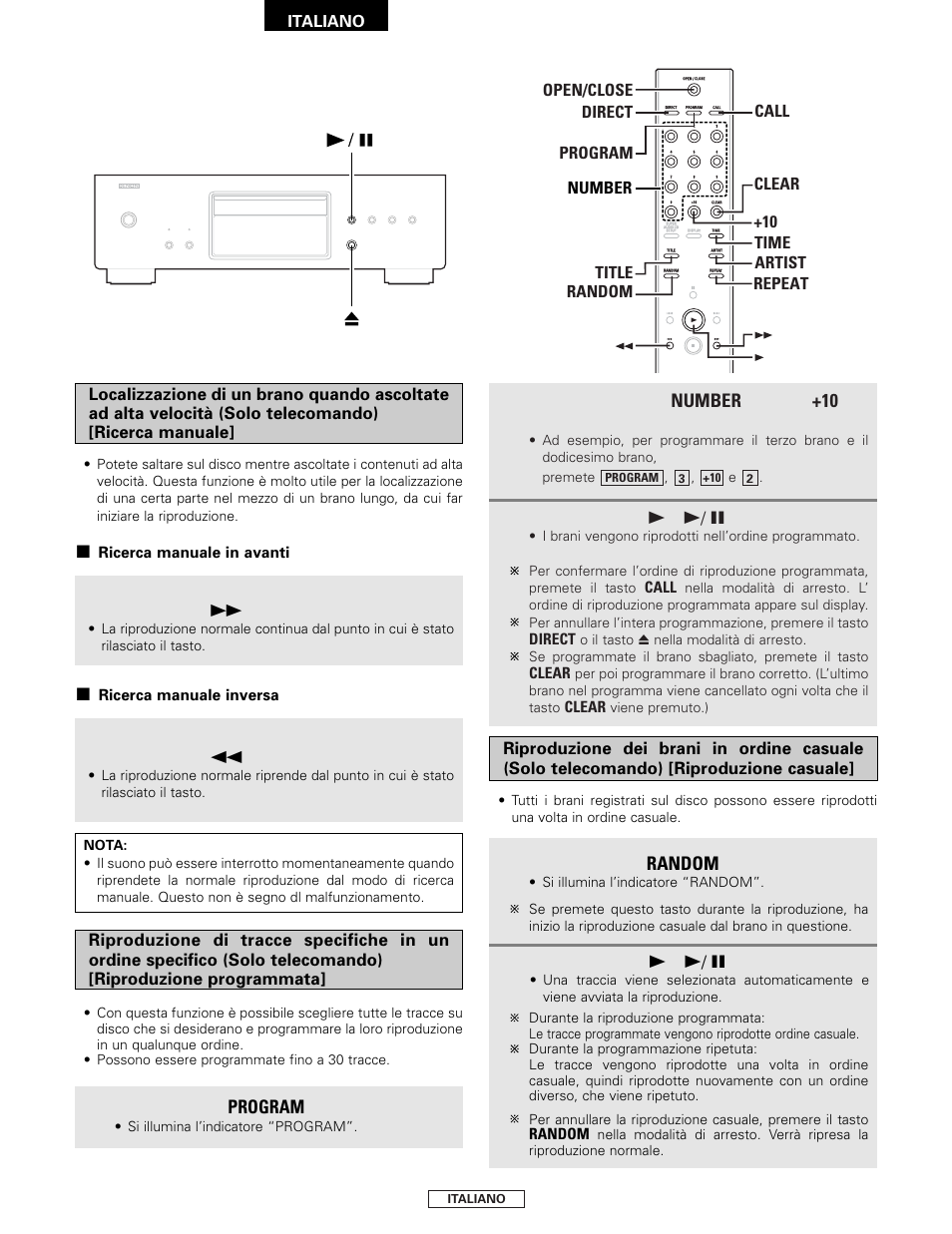 Program, Random, Number | Premete il tasto, Nel modo di arresto, Premete il tasti de, E i tasto, Per selezionare il brano programmato | Denon DCD-2000AE User Manual | Page 50 / 90