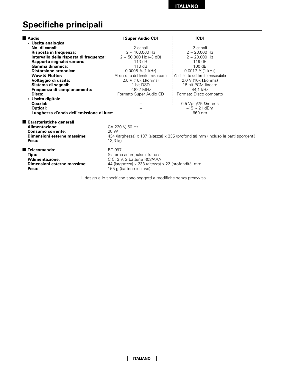 Specifiche principali | Denon DCD-2000AE User Manual | Page 53 / 90