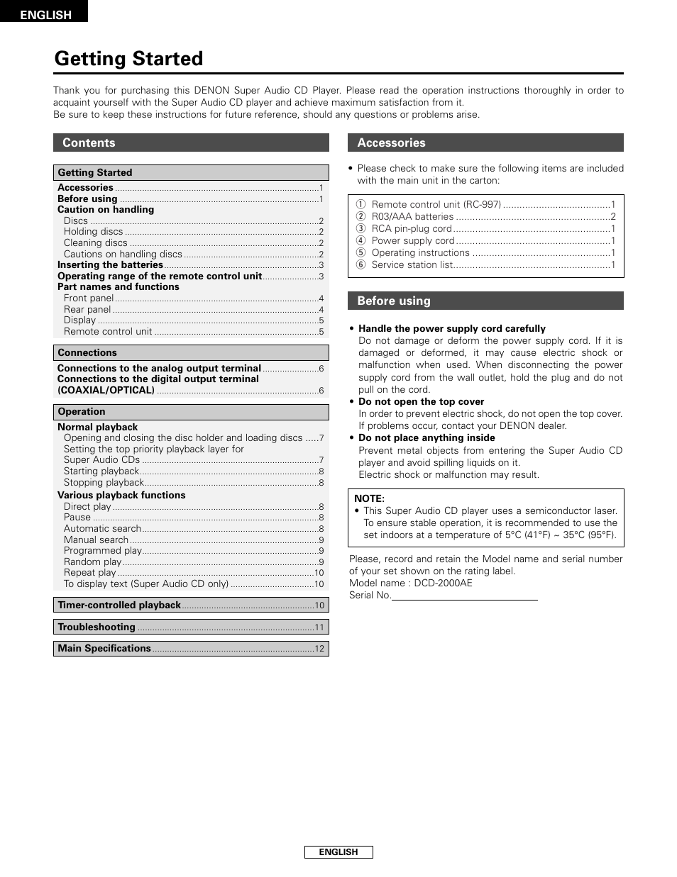 Getting started | Denon DCD-2000AE User Manual | Page 6 / 90