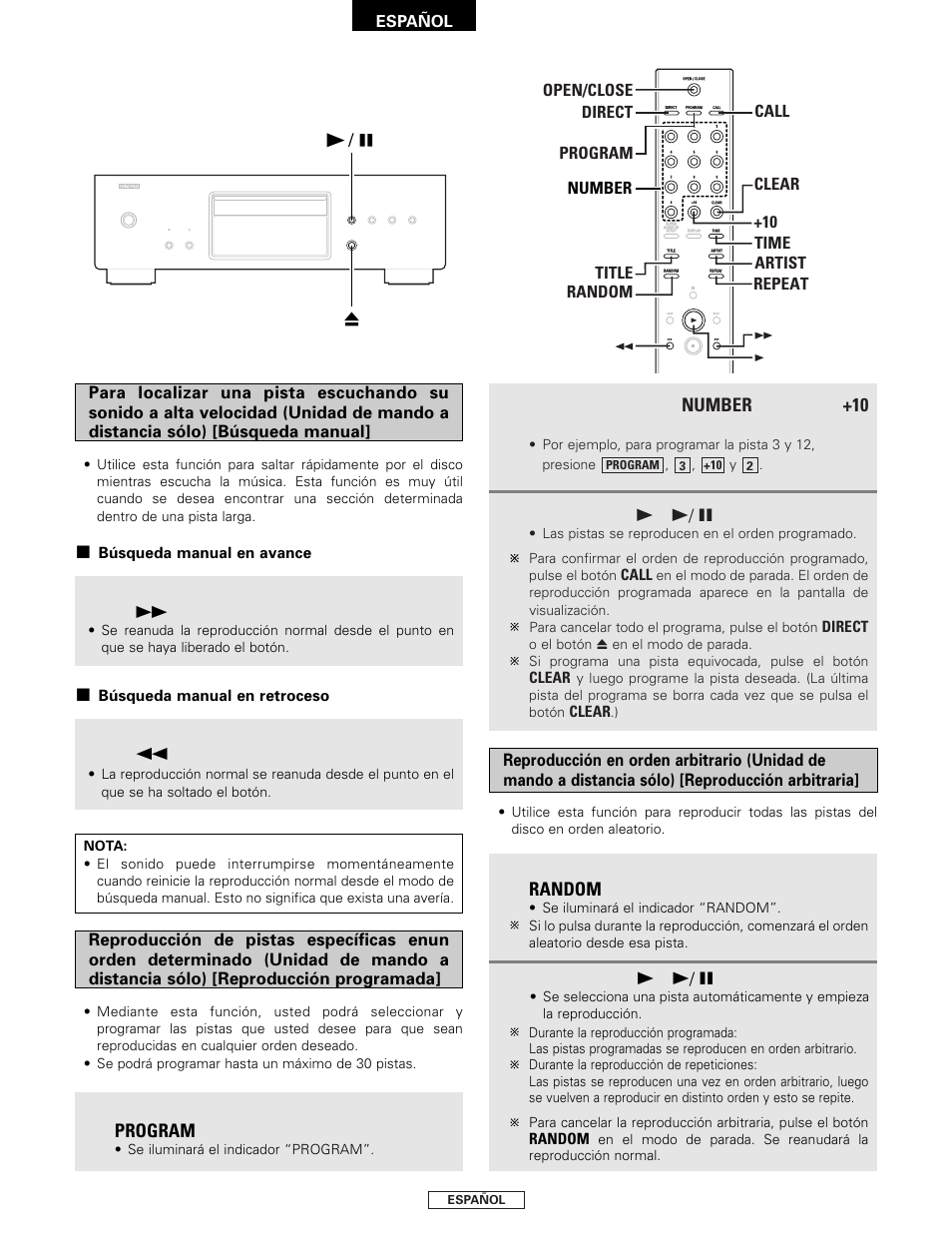 Program, Random, Number | Durante la reproducción, mantenga pulsado el botón, Durante la reproducción mantenga pulsado el botón, Estando en el modo de parada, pulse el botón, Pulse el botón, Pulse el botones de, Y el botón, Ara seleccionar la pista a programar | Denon DCD-2000AE User Manual | Page 62 / 90