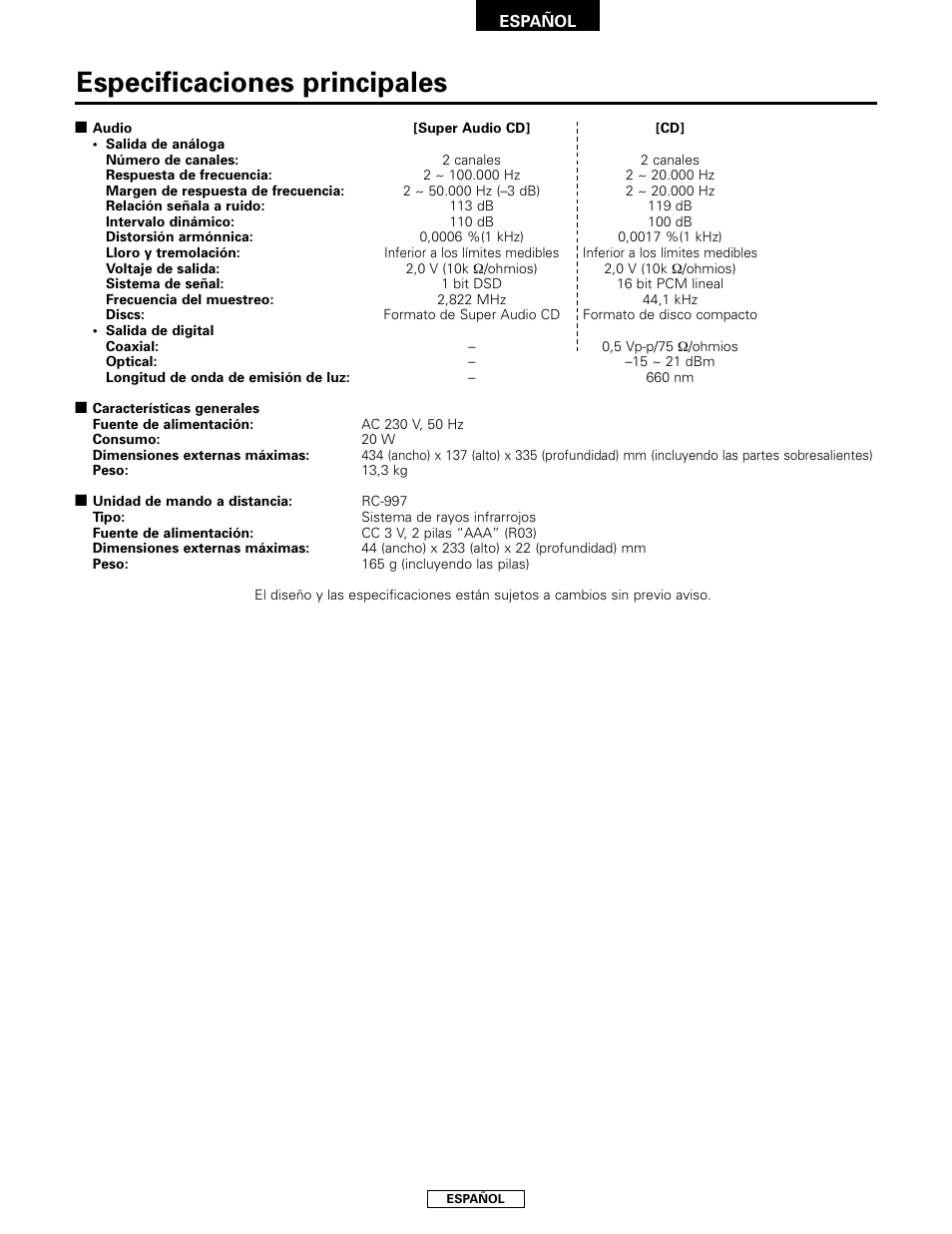 Especificaciones principales | Denon DCD-2000AE User Manual | Page 65 / 90