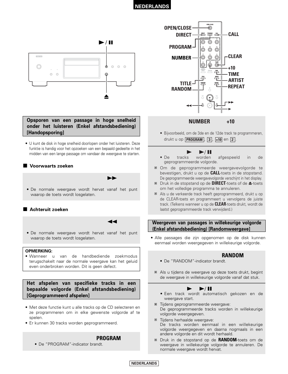 Program, Random, Number | Druk tijdens de weergave op de, Toets en houdt deze ingedrukt, Druk in de stopstand op de, Toets, Druk op de, En de | Denon DCD-2000AE User Manual | Page 74 / 90