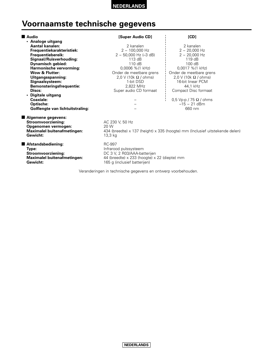 Voornaamste technische gegevens | Denon DCD-2000AE User Manual | Page 77 / 90