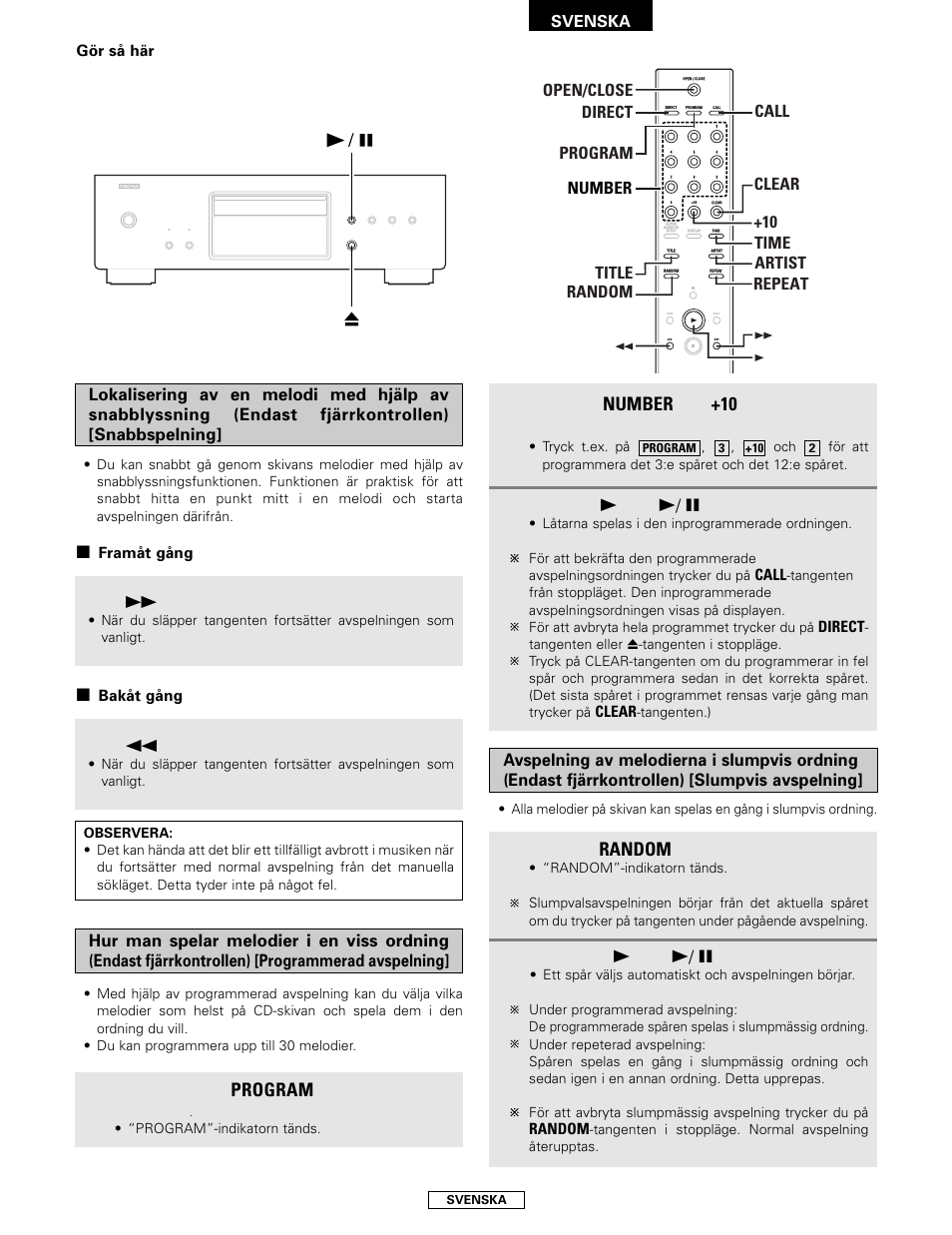 Program, Random, Number | Håll, Tangenten intryckt under avspelning, Tryck på, Tangenten från stoppläget, Tryck på e, Eller, Tangenten | Denon DCD-2000AE User Manual | Page 86 / 90