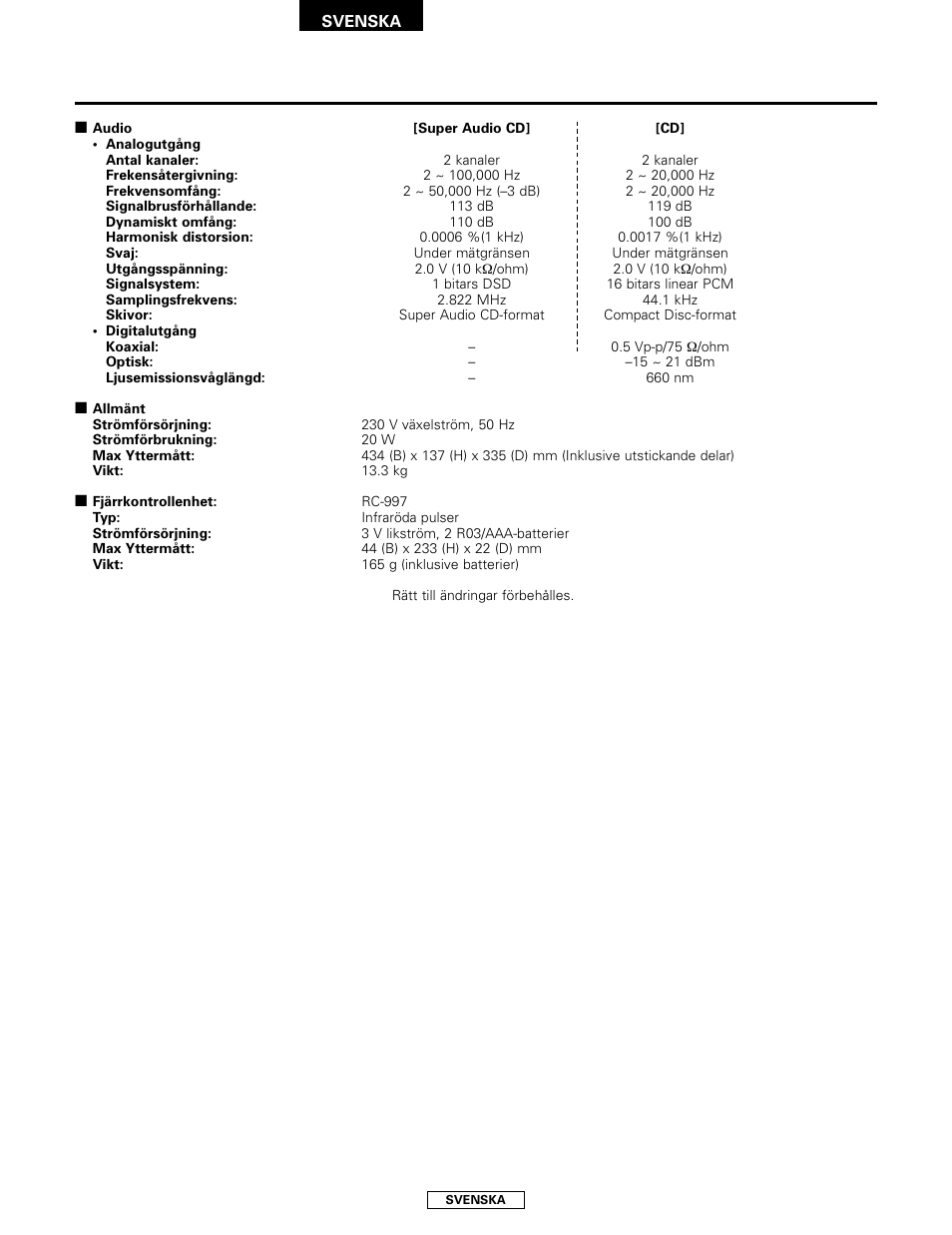 Huvudspecifikationer | Denon DCD-2000AE User Manual | Page 89 / 90