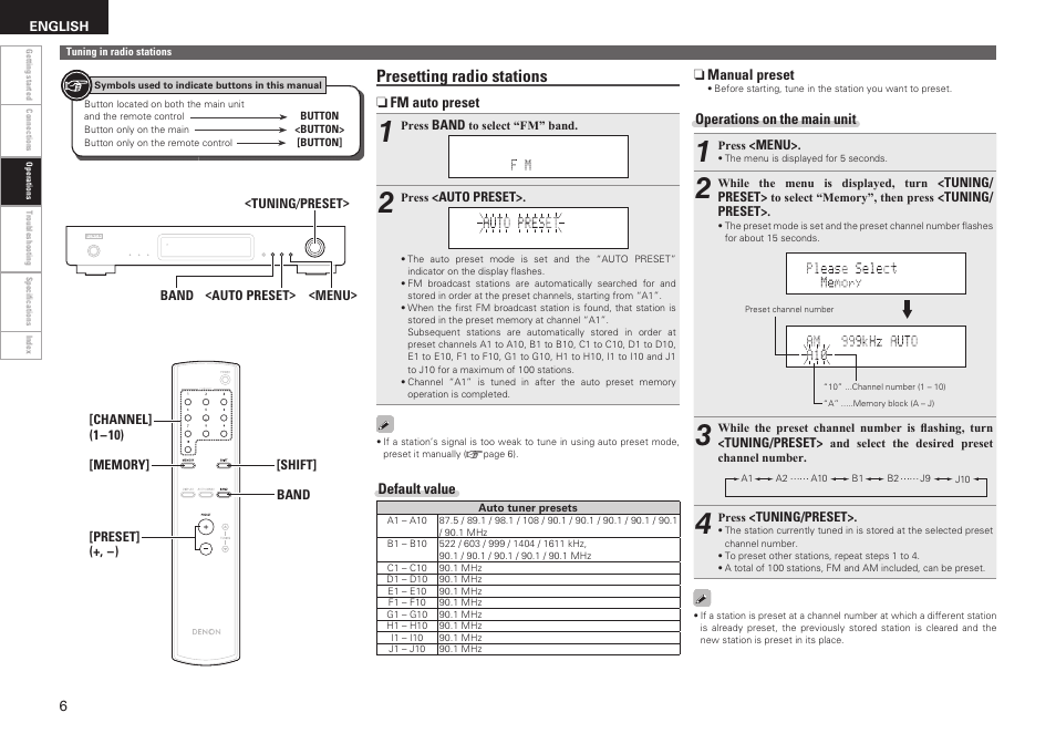 Presetting radio stations | Denon TU-1510AE User Manual | Page 10 / 20