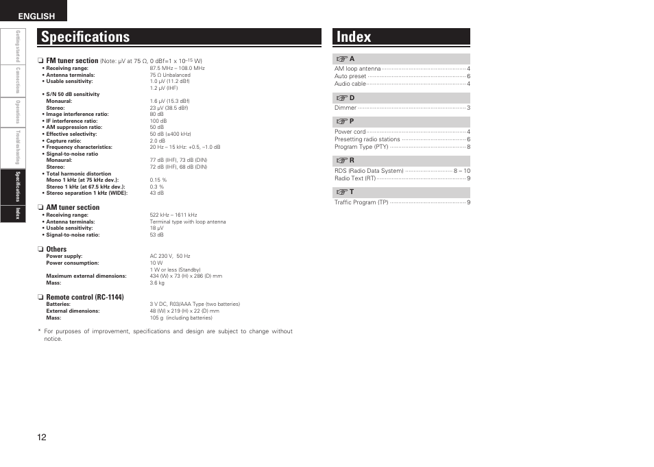 Specifications index, English | Denon TU-1510AE User Manual | Page 16 / 20