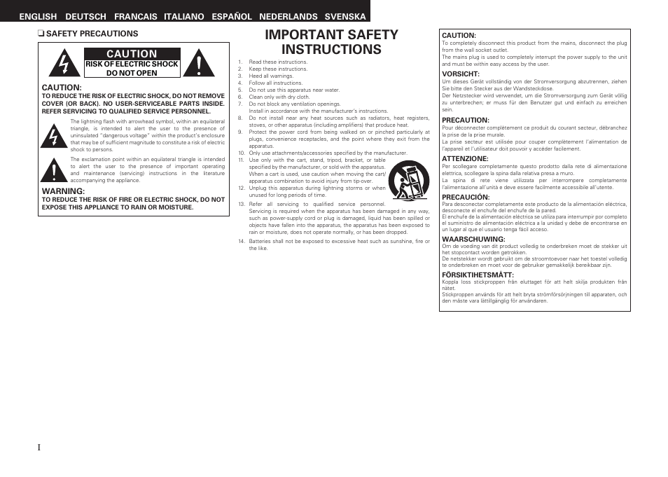 Important safety instructions, Caution | Denon TU-1510AE User Manual | Page 2 / 20