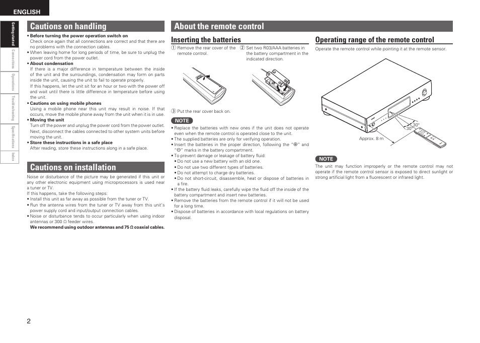 About the remote control, Cautions on handling, Cautions on installation | Inserting the batteries, Operating range of the remote control | Denon TU-1510AE User Manual | Page 6 / 20