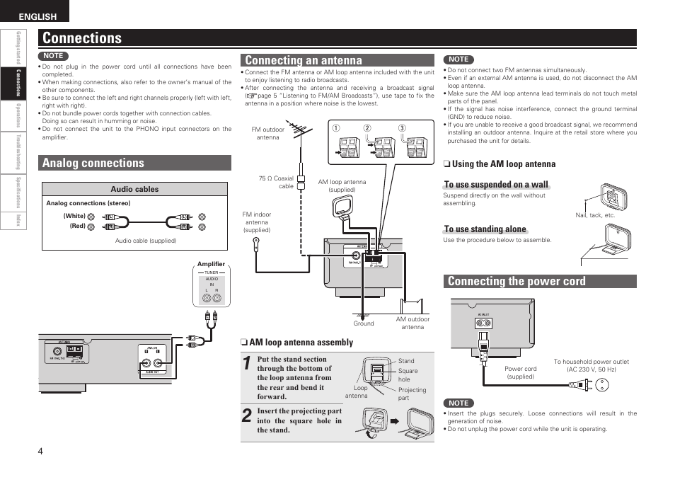 Connections, Analog connections, Connecting an antenna | Connecting the power cord, N am loop antenna assembly | Denon TU-1510AE User Manual | Page 8 / 20