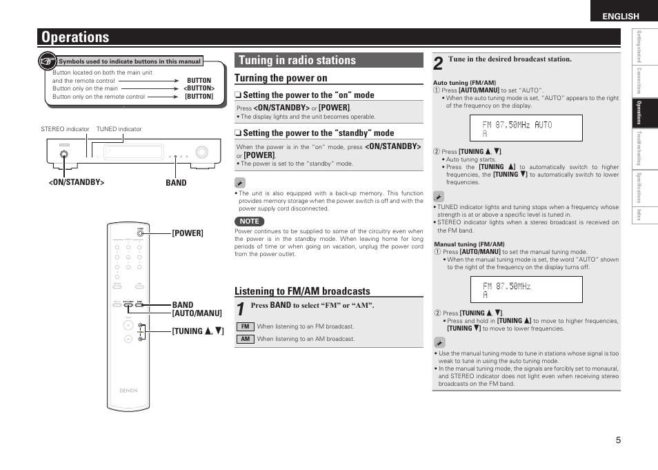 Operations, Tuning in radio stations, Turning the power on | Listening to fm/am broadcasts, N setting the power to the “on” mode, N setting the power to the “standby” mode | Denon TU-1510AE User Manual | Page 9 / 20